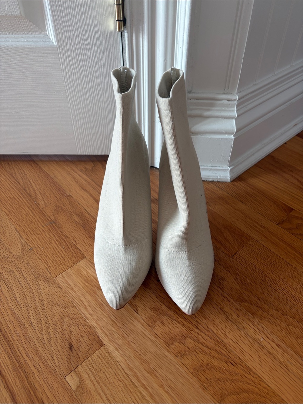 Cream Pointed-Toe Stretch Sock Ankle Boots